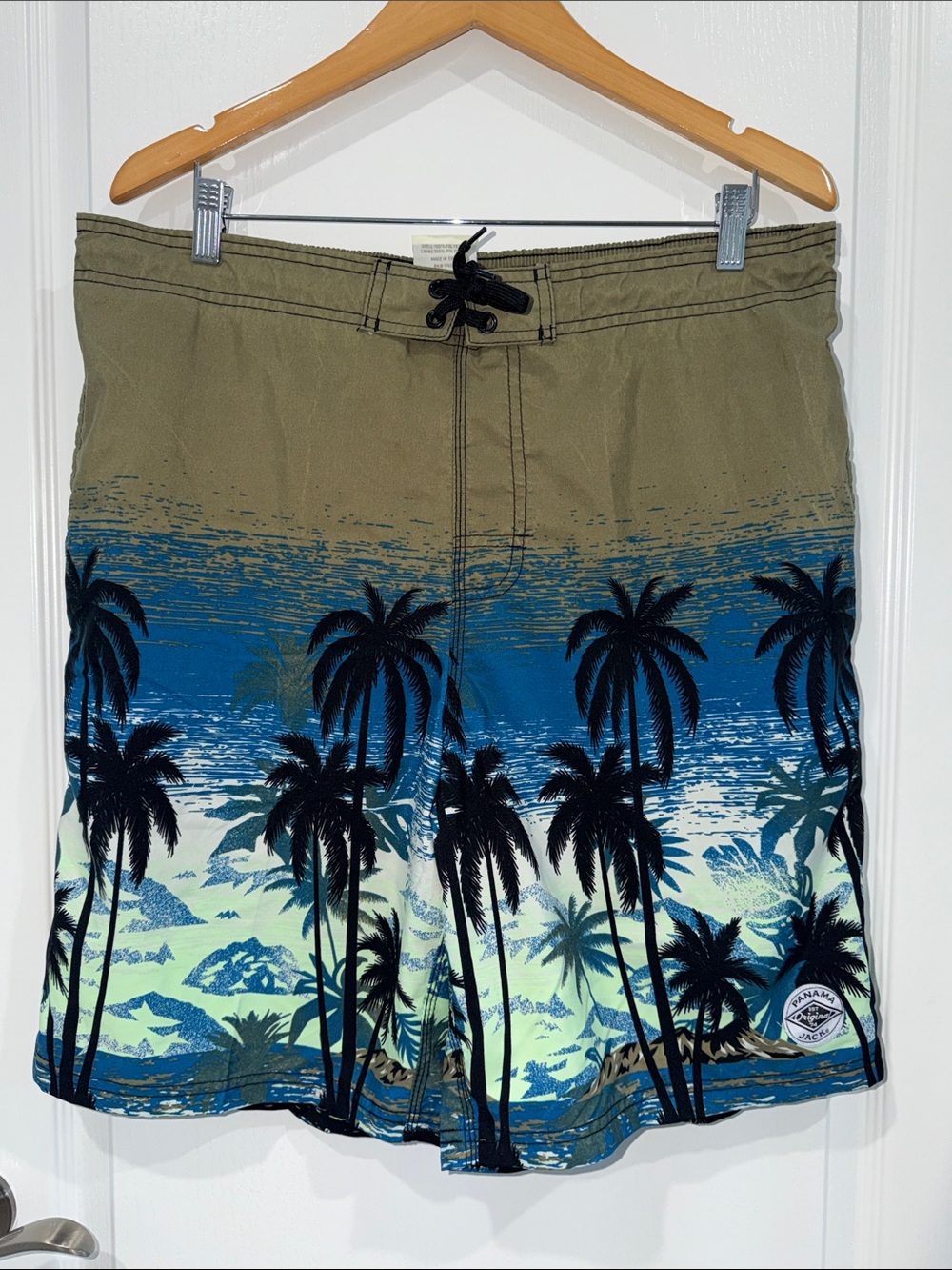 Panama Jack Men's Olive and Blue Palm-Print Swim Trunks size XLarge lined